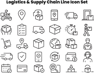 Detailed icons representing real-time tracking, monitoring, and data analytics in supply-chain systems. Ideal for logistics dashboards, SaaS platforms, or data-driven apps. Depicts location pins, sens