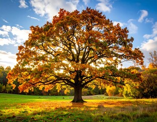 Autumnal oak tree in a sunlit meadow