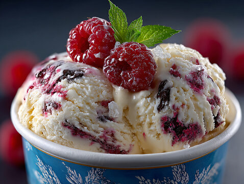 a container of ice cream topped with fresh raspberries and garnished with a sprig of mint. The container has a blue floral pattern on it.