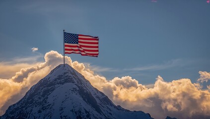 american flag on the top of mountain