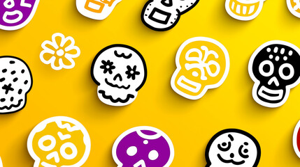 Day of the Dead background. Colorful seamless pattern with sugar skulls and marigolds set against a bright yellow backdrop, perfect for festive themes and creative projects
