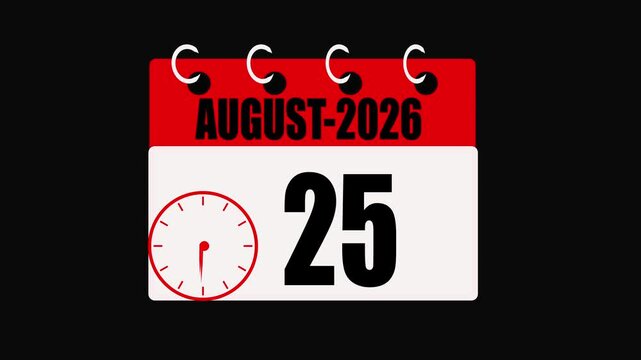 August 25 2026 Calendar Page With Clock And Spiral Binding On Black Background date 4k video .