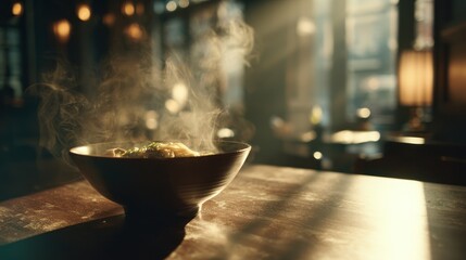 Steaming bowl of ramen on a wooden table in a dimly lit restaurant