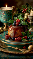 Christmas pudding adorned with holly and berries, elegantly presented on a decorative plate surrounded by festive decorations and warm candlelight ambiance