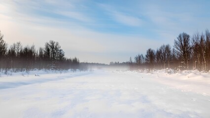 Winter landscape with snow-covered field and misty forest under blue sky