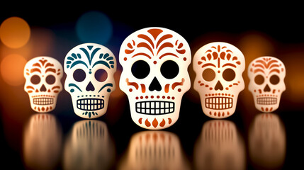 Dia de los Muertos background. Decorative skulls with intricate designs are arranged vibrantly, set against a blurred background, capturing the essence of Day of the Dead festivities
