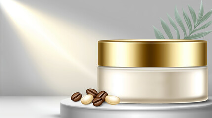 Luxurious cream jar on a podium surrounded by coffee beans and soft lighting, emphasizing the beauty and elegance of skincare products