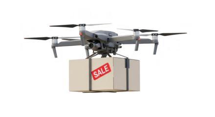 Drone carrying a sale box, isolated on transparent background the drone is delivering a package with a sale sticker, representing fast and efficient delivery service