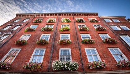 charming red brick building with flowering window boxes