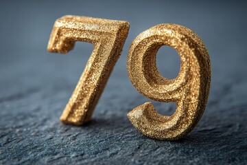 Elegant golden numbers 79 shining on dark textured background for celebrations and milestones