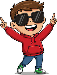  Cool cartoon boy, happy kid character in red hoodie, wearing sunglasses, dancing pose, cheerful child vector, isolated on white background, illustration.