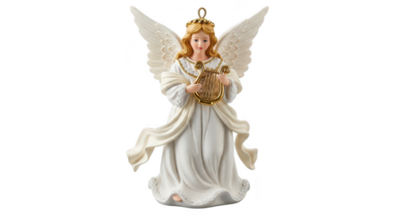 Elegant angel christmas ornament isolated on transparent background, featuring intricate details and a serene expression, perfect for holiday decor and festive celebrations