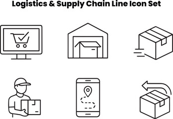 Minimalist line icons representing e-commerce fulfillment stages — from order confirmation to shipment delivery. Includes packaging, labeling, return, and tracking visuals. Perfect for online store da