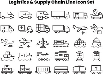 Clean transport and fleet management icons representing vehicles, GPS tracking, maintenance, and telematics. Great for apps, dashboards, logistics reports, and smart transportation UI kits. Emphasizes
