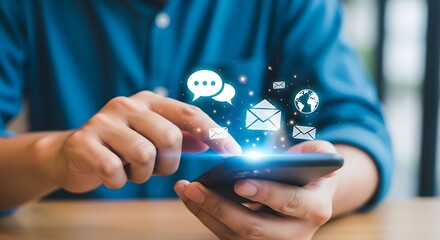 Man using smartphone with social media marketing concept