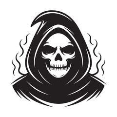 Grim reaper skull face with dark hood and eerie smoke wisps