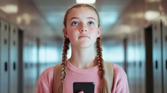 Thoughtful student with braids holding a smartphone, gazing upward in a bustling school hallway lined with lockers, embodying the essence of youth and modern education