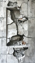 Cracked concrete wall with a recessed, damaged section