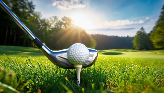 golf ball on tee with club on green grass background ready for a swing on a sunny day recreation and outdoor sports