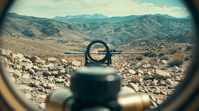 Point-of-view shot through a sniper rifle scope focusing on a distant target across a rugged landscape, creating a tense, cinematic military perspective.
