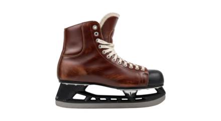 Vintage leather ice hockey skate on transparent background