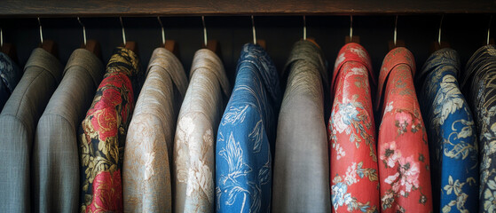 Suits with bright linings on hangers, suitable for articles about fashion, atelier catalogs, and advertisements for stylish wardrobes.