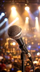 Close-up microphone on stage, blurred crowd & lights