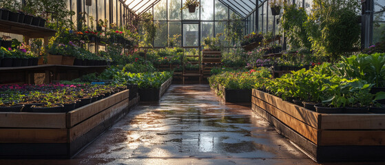 A greenhouse with a damp floor and a variety of potted plants needs care and drying—suitable for articles on gardening and caring for plants in enclosed spaces.