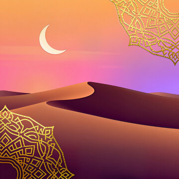 Islamic Desert Landscape with Crescent Moon and Golden Ornament
