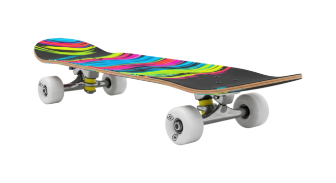 Colorful skateboard with whirlwind design and white wheels on transparent background