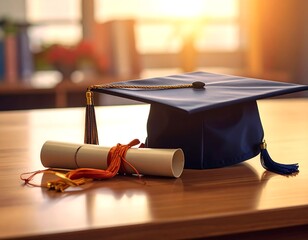 Graduation cap and diploma on a table.  Blurred home office background