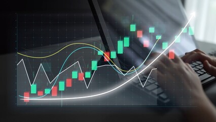 Captivating image showing hands typing on a laptop with vibrant candlestick charts overlaid,...