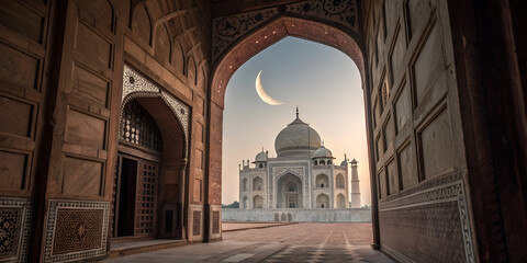 Beautiful view of crescent through a narrow passage of an old Islamic architecture. An Eid moon sighting image.