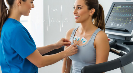 Young woman undergoing a cardiac stress test with a cardiologist in a modern clinic. Doctor attaches ECG electrodes for heart monitoring