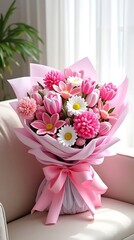 Vibrant Handmade Fuzzy Wire Bouquet Featuring Tulips, Lilies, and Daisies with Pastel Wrapping