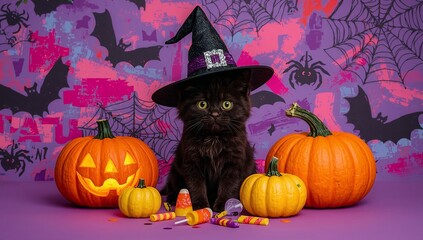 halloween background with pumpkin and cat