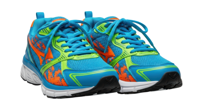 Vibrant athletic running shoes with blue mesh and neon accents on transparent background