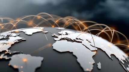 Bright lines illustrate connections between regions on a world map, showcasing the flow of information and networks in a dark setting