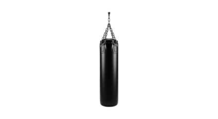 Black hanging punching bag on a transparent background for fitness training