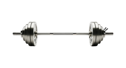 Adjustable metal dumbbell with weight plates on a transparent background
