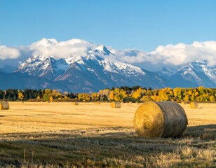 Hay bales in a golden field, mountains in the distance, autumn colors