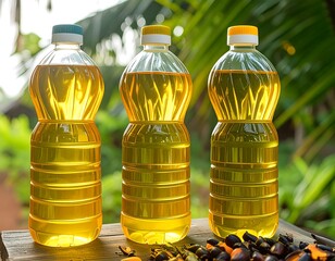 Three plastic bottles of golden-yellow cooking oil, likely palm oil, stand on a wooden surface outdoors.  Blurred background shows greenery and a rural setting