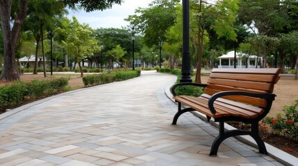 Visitors can enjoy a relaxing walk along the textured stone path surrounded by vibrant trees and peaceful greenery during daytime