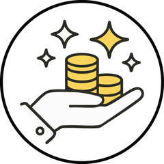 Business and Database Management Icon Set with Hand Holding Coins Illustration — Data Storage, Finance, and Cloud Technology Vector