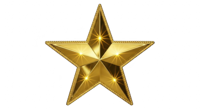 A shiny golden star with a textured surface, casting soft shadows, isolated on transparent background, perfect for awards, decorations, or festive designs, radiating elegance