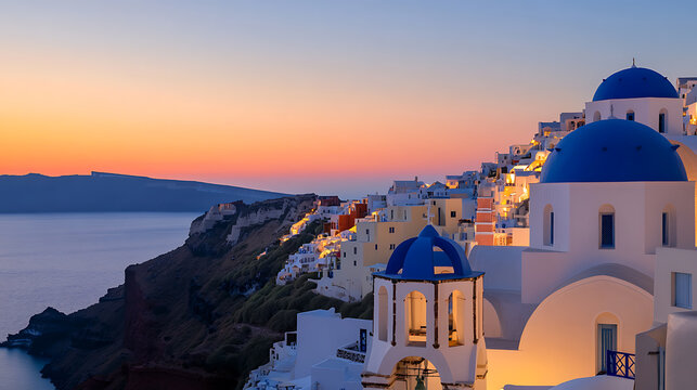 Coastal Architecture: Serene island landscape with white buildings, blue domes, ocean, and colorful sunrise.  Dreamy Mediterranean scene.