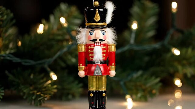 Christmas Nutcracker Ornament - A festive nutcracker soldier ornament stands in front of blurred Christmas tree branches and twinkling lights.