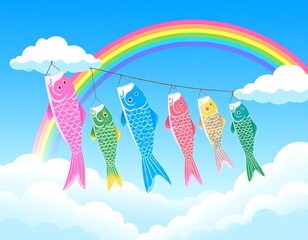 Colorful carp streamers hang from a string in a bright sky with clouds and a rainbow