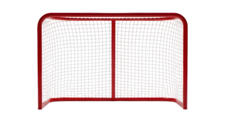 Red ice hockey goal net with white mesh on transparent background