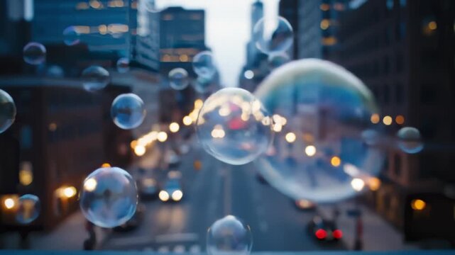 Soap Bubbles Floating in Urban Cityscape, Abstract Concept